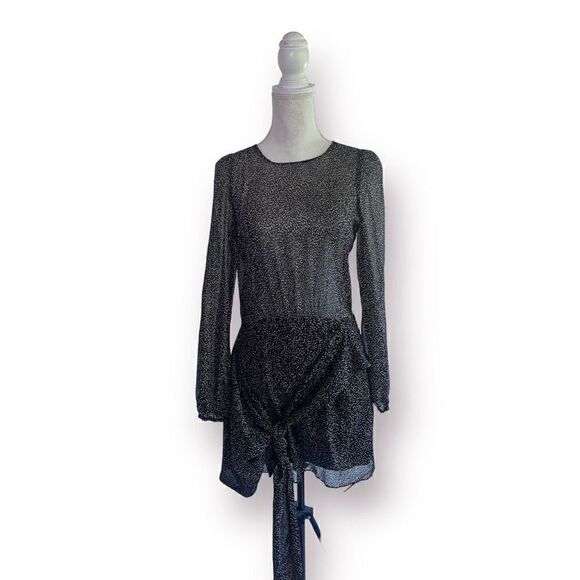 ZARA TRAFALUC BLACK WHITE DOT PRINT SEMI SHEER CROSSOVER TIE COCKTAIL DRESS LONG - Picture 4 of 15